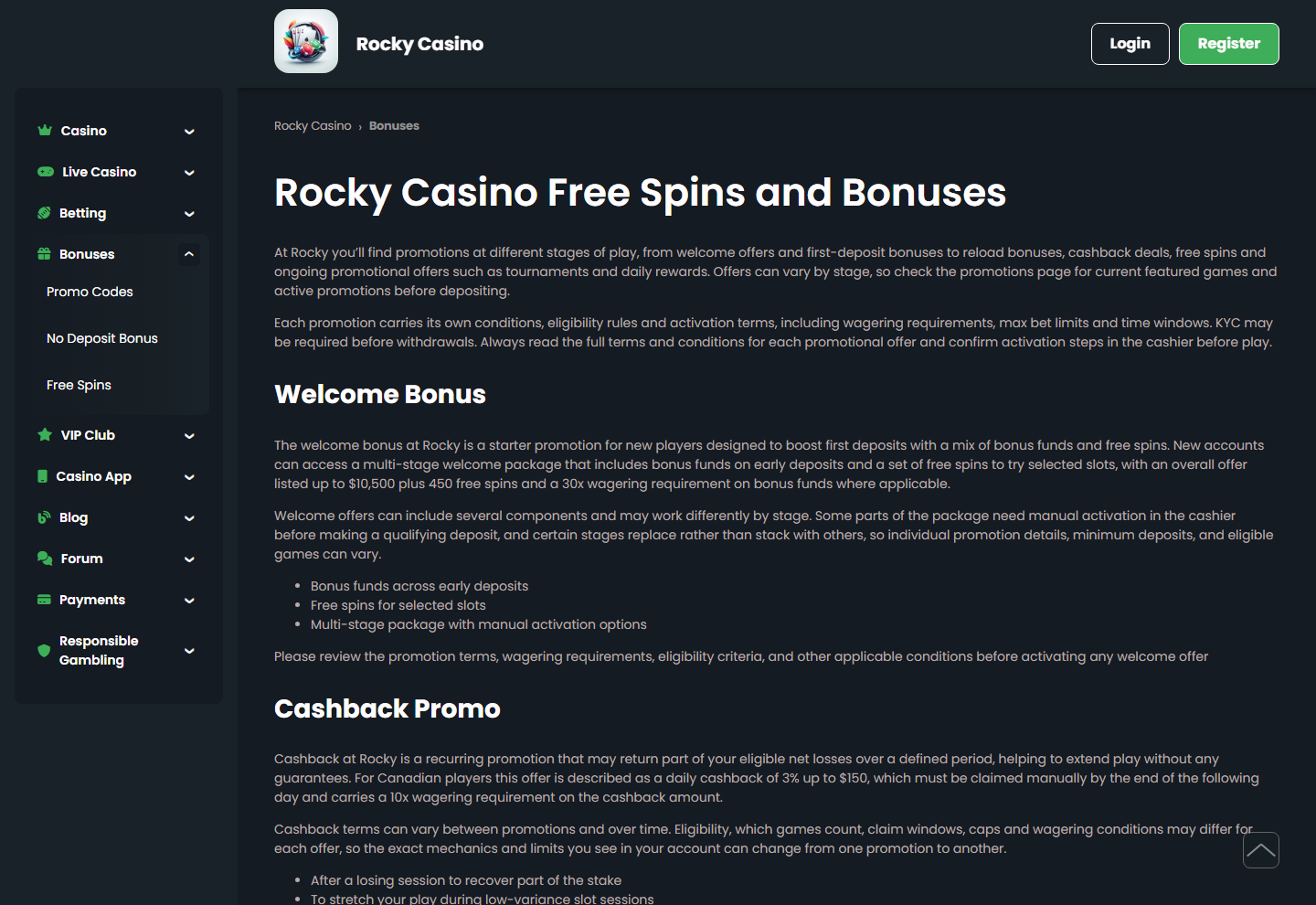 Bonusseite von Rocky Casino mit geöffnetem Untermenü Promo Codes, No Deposit Bonus und Free Spins
