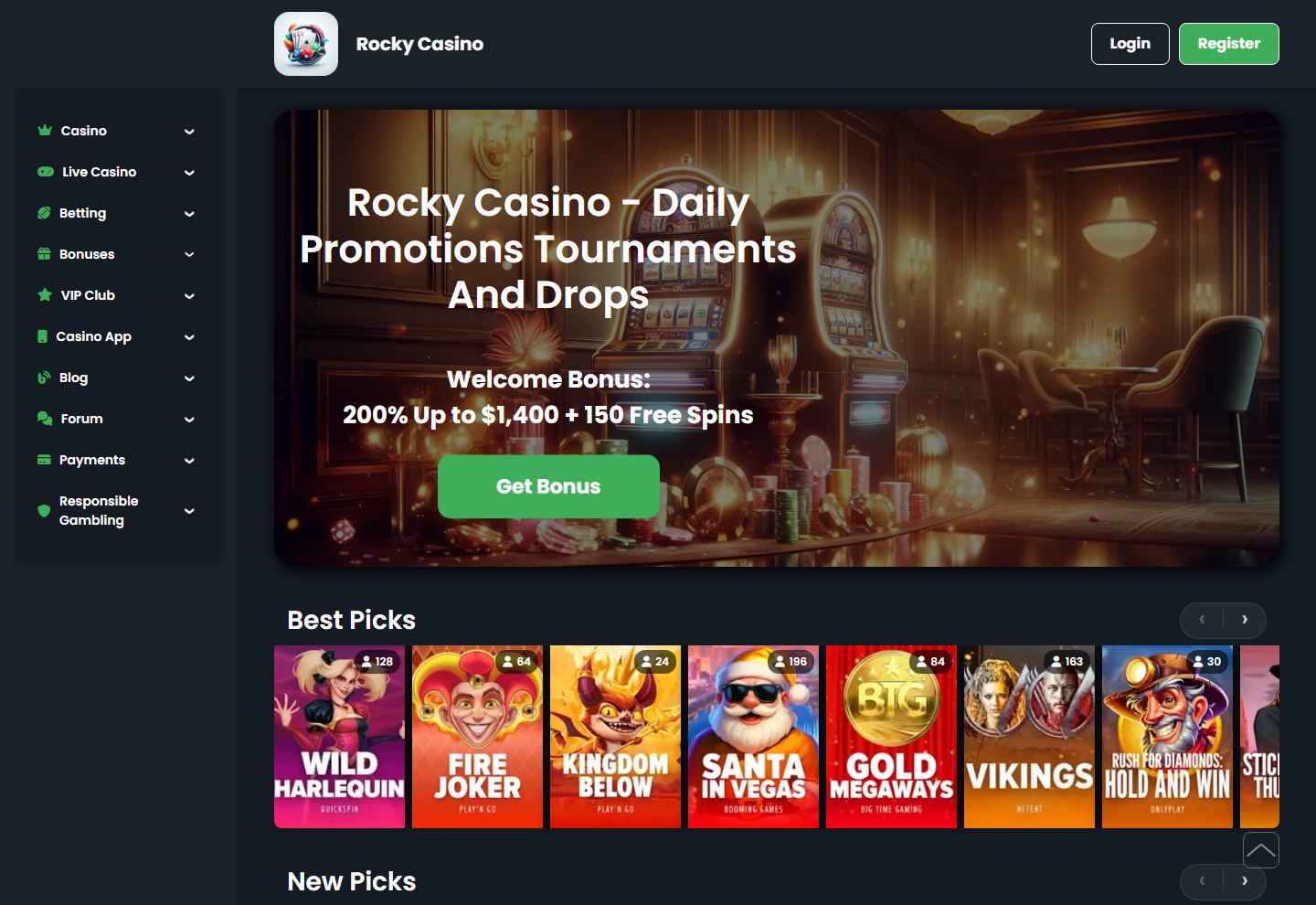 Startseite von Rocky Casino am 25. August 2026 mit Willkommensbanner und Spiellobby