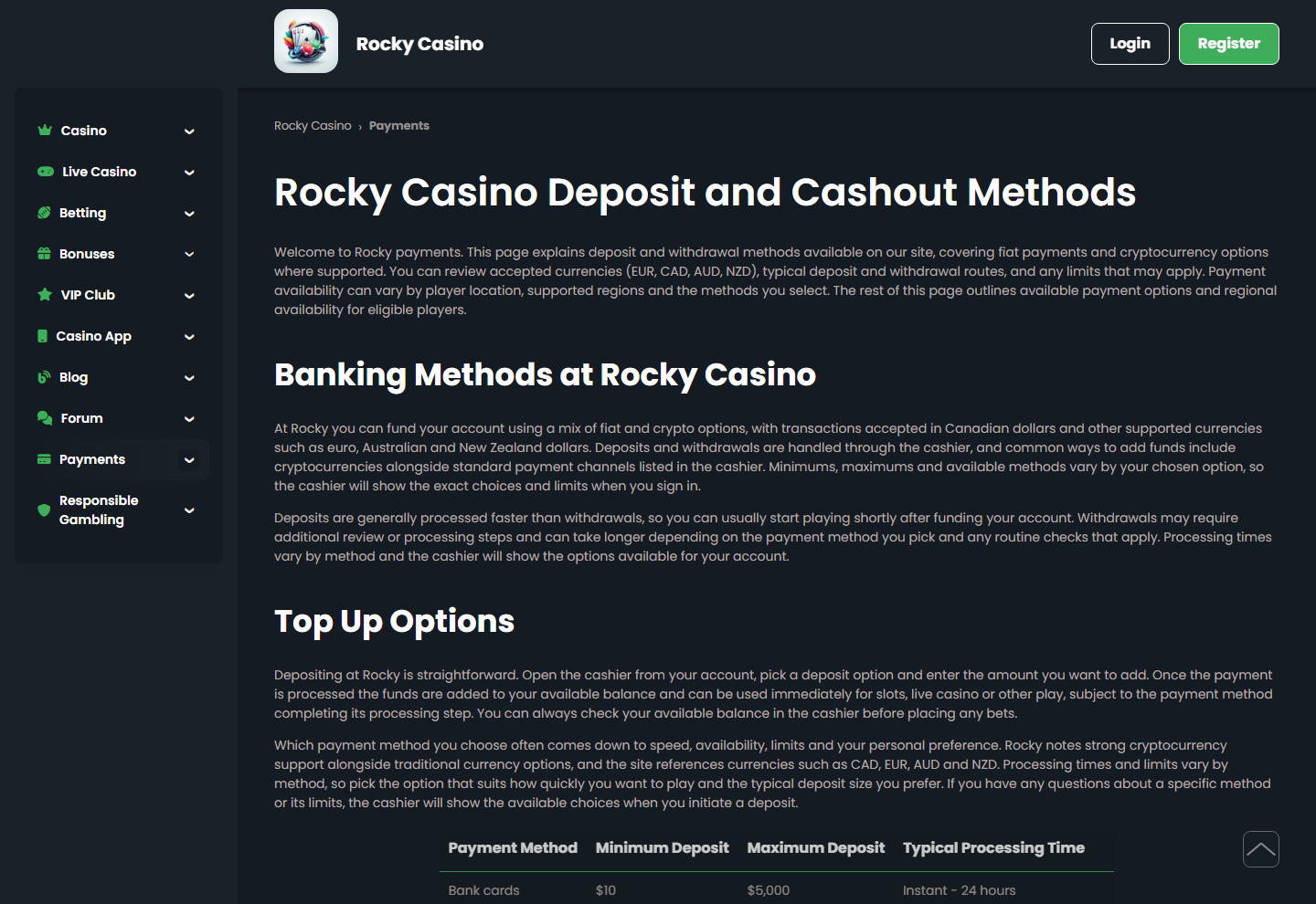 Zahlungsseite von Rocky Casino mit Ein- und Auszahlungsmethoden und Limits