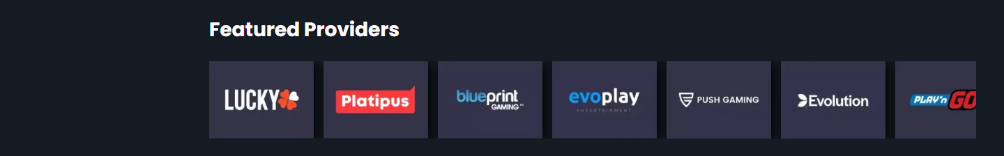 Der Streifen Featured Providers auf rocky.casino: eine Reihe Studiologos ohne Text unter der Überschrift
